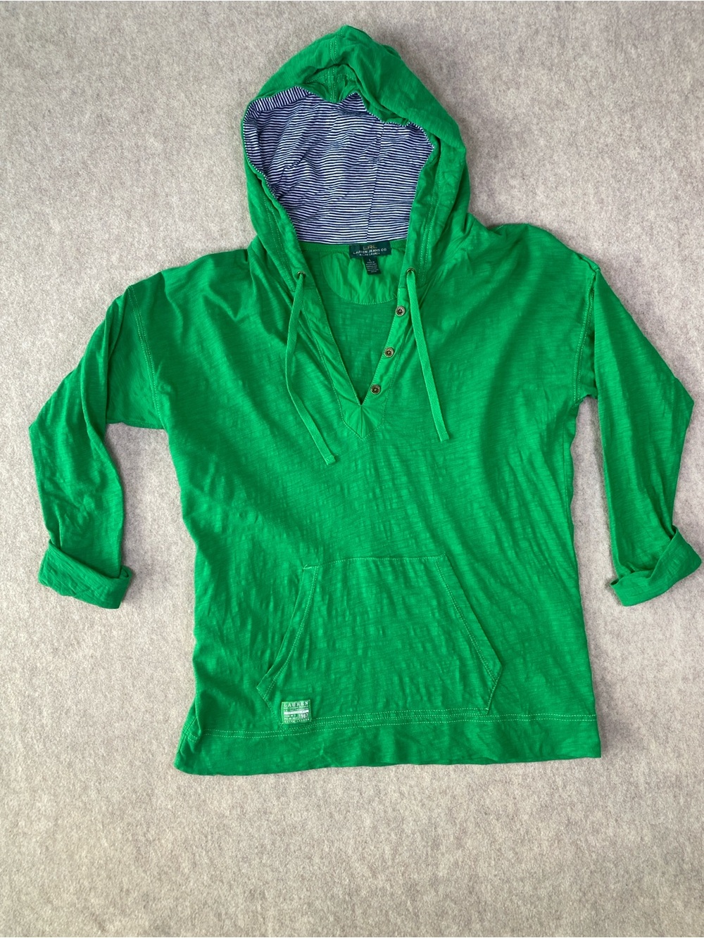 Ralph Lauren Jeans Co. Hooded Shirt with Navy Stripe Lining Green Large